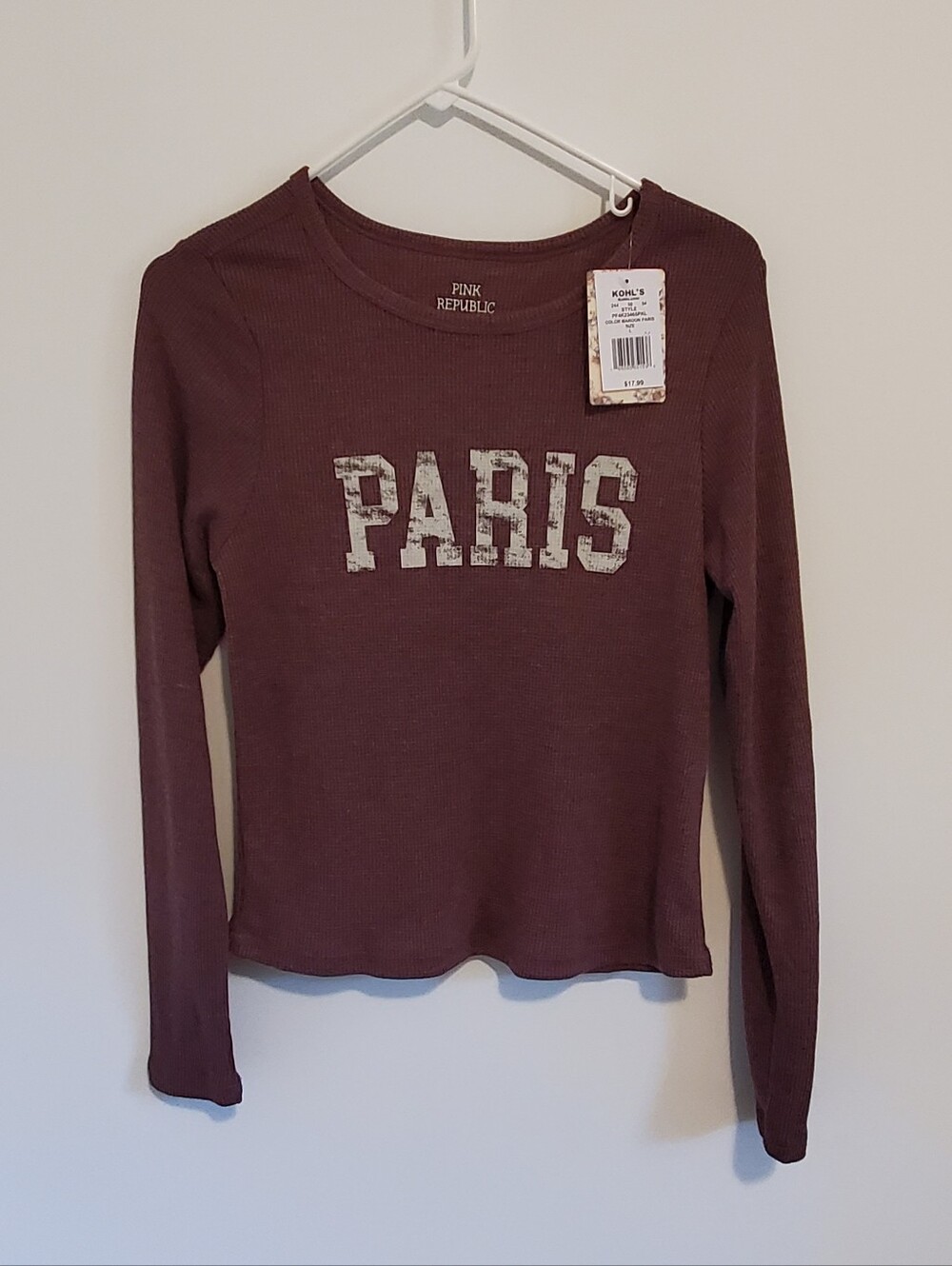 NWT Paris Maroon Long Sleeve Tee Size Large Juniors But More Like Womens XS